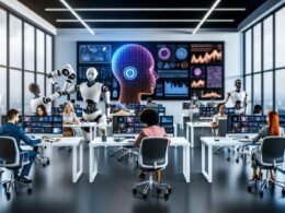 Futuristisches Büro mit humanoiden Robotern und Menschen, die an modernen Arbeitsplätzen Videobearbeitung und Datenanalyse durchführen.