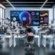 Futuristisches Büro mit humanoiden Robotern und Menschen, die an modernen Arbeitsplätzen Videobearbeitung und Datenanalyse durchführen.