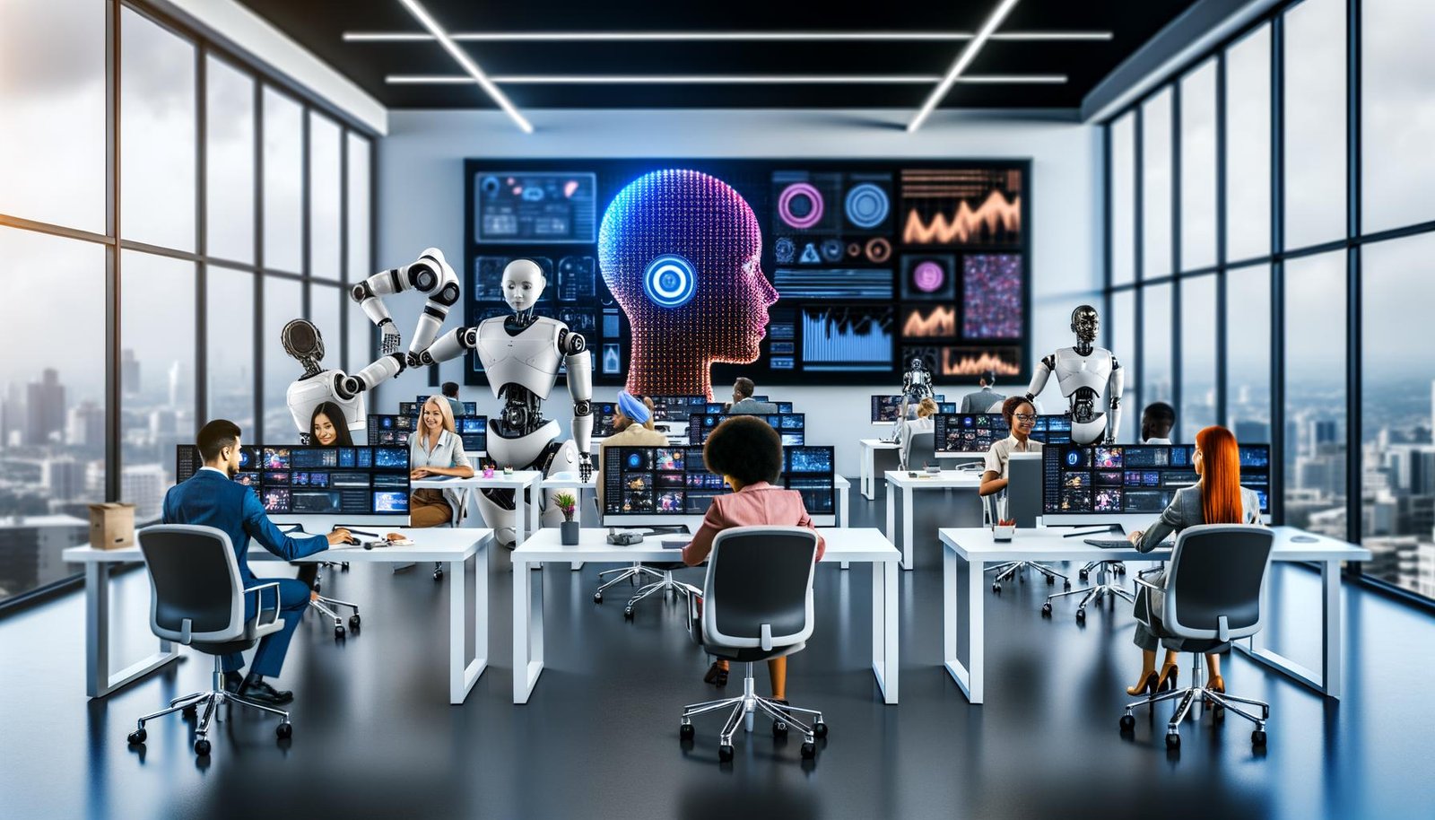 Futuristisches Büro mit humanoiden Robotern und Menschen, die an modernen Arbeitsplätzen Videobearbeitung und Datenanalyse durchführen.