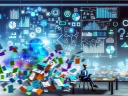 Junge, entspannte Person mit Tablet neben einem überfüllten Schreibtisch voller bunter Daten-Dashboards, klare digitale Datenströme, techno-urbane Büroszene.