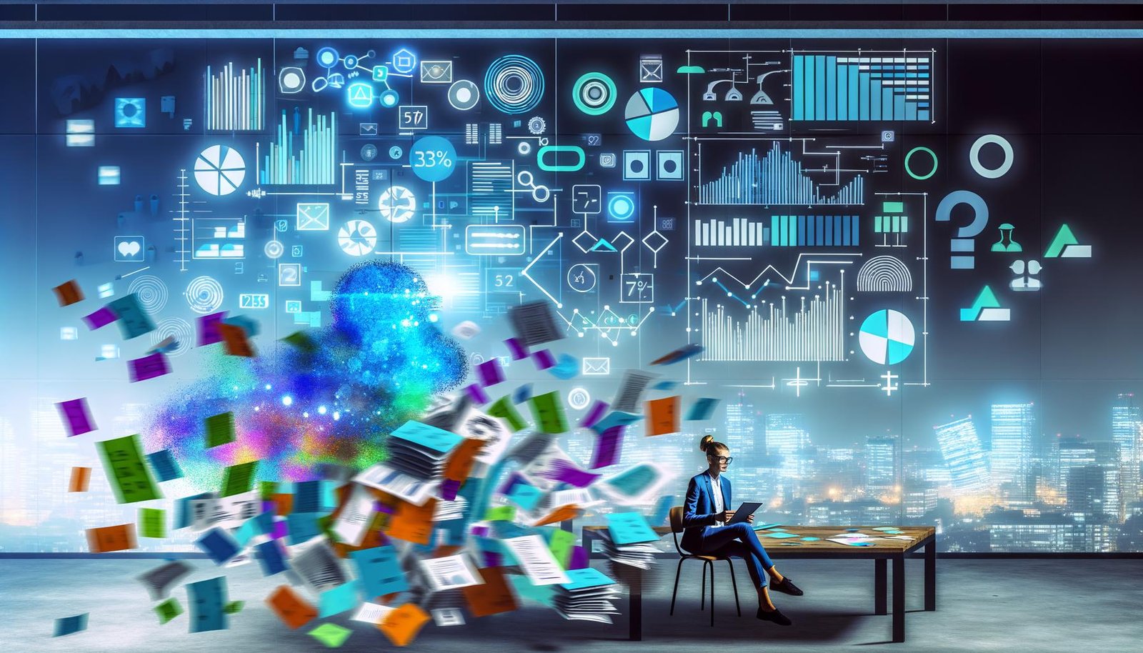 Junge, entspannte Person mit Tablet neben einem überfüllten Schreibtisch voller bunter Daten-Dashboards, klare digitale Datenströme, techno-urbane Büroszene.