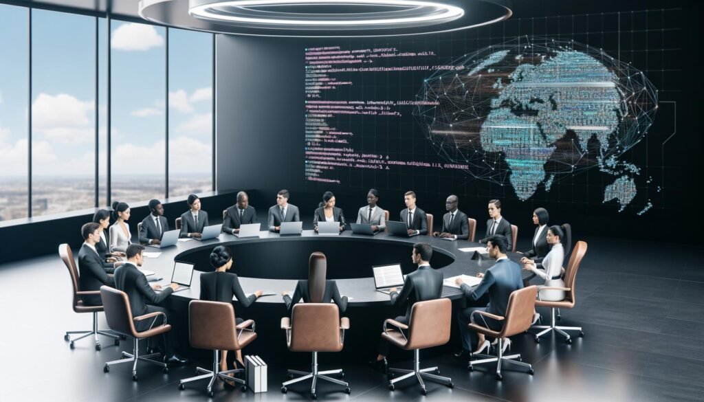 Politiker:innen und Jurist:innen diskutieren an einem runden Tisch in einem modernen Regierungsbüro mit Bildschirmen, die Algorithmusanalysen und Gesetzestexte darstellen.