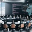 Politiker:innen und Jurist:innen diskutieren an einem runden Tisch in einem modernen Regierungsbüro mit Bildschirmen, die Algorithmusanalysen und Gesetzestexte darstellen.