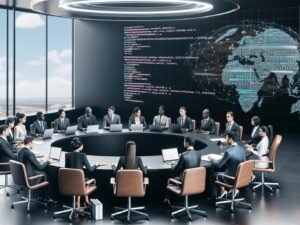 Politiker:innen und Jurist:innen diskutieren an einem runden Tisch in einem modernen Regierungsbüro mit Bildschirmen, die Algorithmusanalysen und Gesetzestexte darstellen.