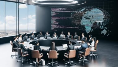 Politiker:innen und Jurist:innen diskutieren an einem runden Tisch in einem modernen Regierungsbüro mit Bildschirmen, die Algorithmusanalysen und Gesetzestexte darstellen.
