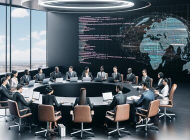 Politiker:innen und Jurist:innen diskutieren an einem runden Tisch in einem modernen Regierungsbüro mit Bildschirmen, die Algorithmusanalysen und Gesetzestexte darstellen.