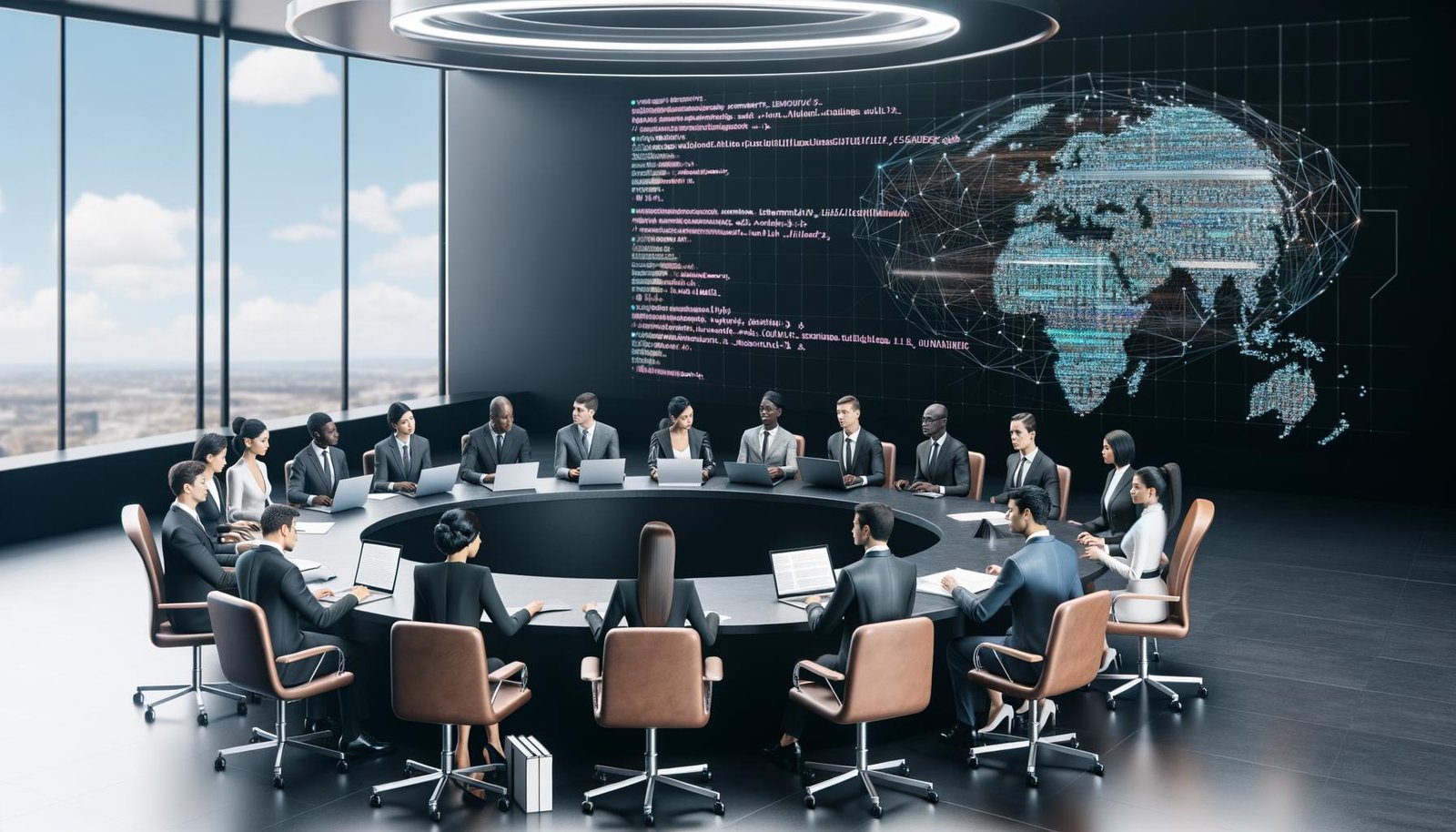 Politiker:innen und Jurist:innen diskutieren an einem runden Tisch in einem modernen Regierungsbüro mit Bildschirmen, die Algorithmusanalysen und Gesetzestexte darstellen.
