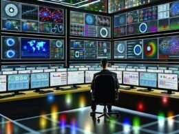 Kontrollraum mit großen Bildschirmen, auf denen Datenvisualisierungen und KPIs angezeigt werden, Analyst arbeitet konzentriert mit Tableau, Power BI und Qlik Tools.