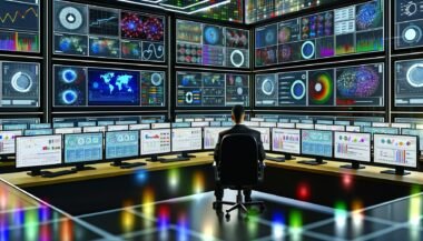 Kontrollraum mit großen Bildschirmen, auf denen Datenvisualisierungen und KPIs angezeigt werden, Analyst arbeitet konzentriert mit Tableau, Power BI und Qlik Tools.