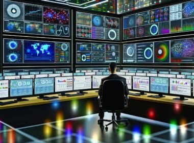 Kontrollraum mit großen Bildschirmen, auf denen Datenvisualisierungen und KPIs angezeigt werden, Analyst arbeitet konzentriert mit Tableau, Power BI und Qlik Tools.