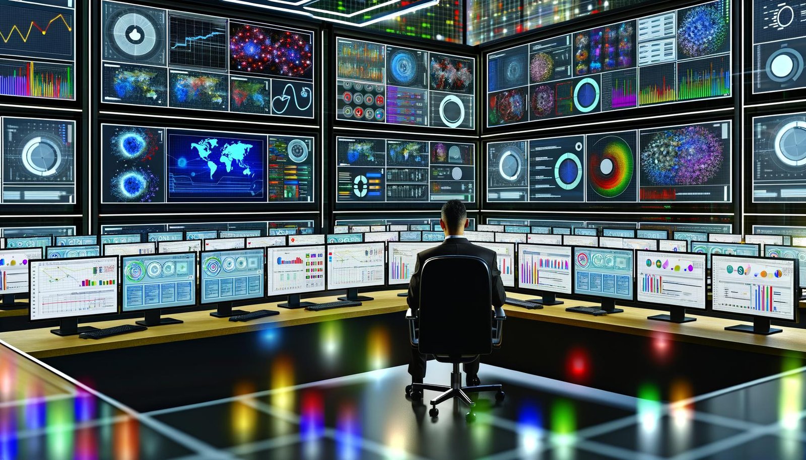 Kontrollraum mit großen Bildschirmen, auf denen Datenvisualisierungen und KPIs angezeigt werden, Analyst arbeitet konzentriert mit Tableau, Power BI und Qlik Tools.