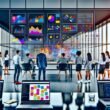 Junges, vielfältiges Marketing-Team analysiert konzentriert digitale Dashboards und Datenströme mit modernen Tools im stylischen Büro, Post-Its an Glaswänden und große Monitore im Einsatz.