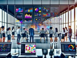 Junges, vielfältiges Marketing-Team analysiert konzentriert digitale Dashboards und Datenströme mit modernen Tools im stylischen Büro, Post-Its an Glaswänden und große Monitore im Einsatz.