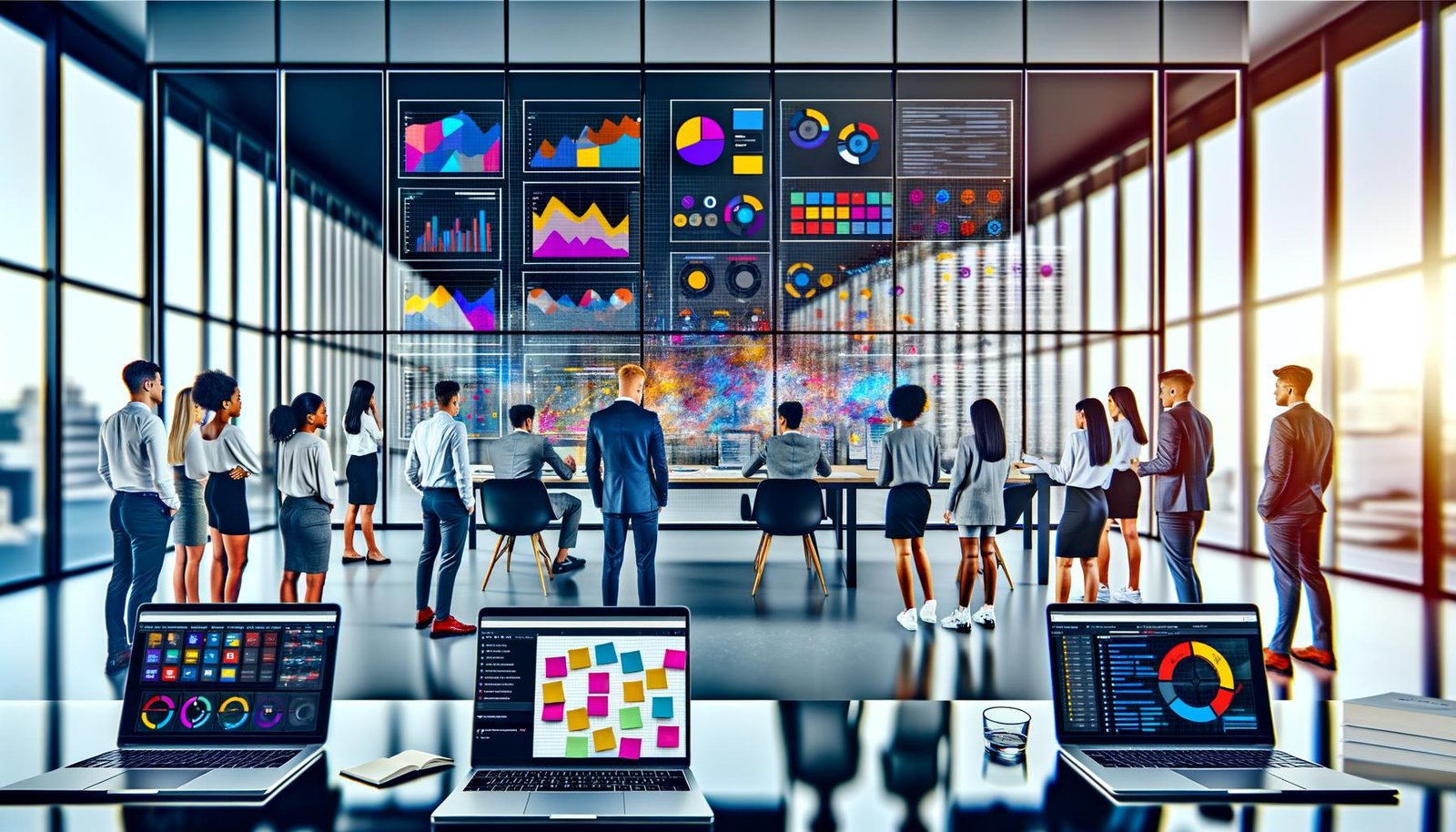 Junges, vielfältiges Marketing-Team analysiert konzentriert digitale Dashboards und Datenströme mit modernen Tools im stylischen Büro, Post-Its an Glaswänden und große Monitore im Einsatz.