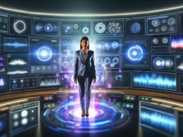 Futuristischer Kontrollraum mit Werbeexperten, digitalen Dashboards, KI-generierten Podcast-Daten und Google-Branding.
