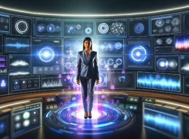 Futuristischer Kontrollraum mit Werbeexperten, digitalen Dashboards, KI-generierten Podcast-Daten und Google-Branding.