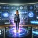 Futuristischer Kontrollraum mit Werbeexperten, digitalen Dashboards, KI-generierten Podcast-Daten und Google-Branding.