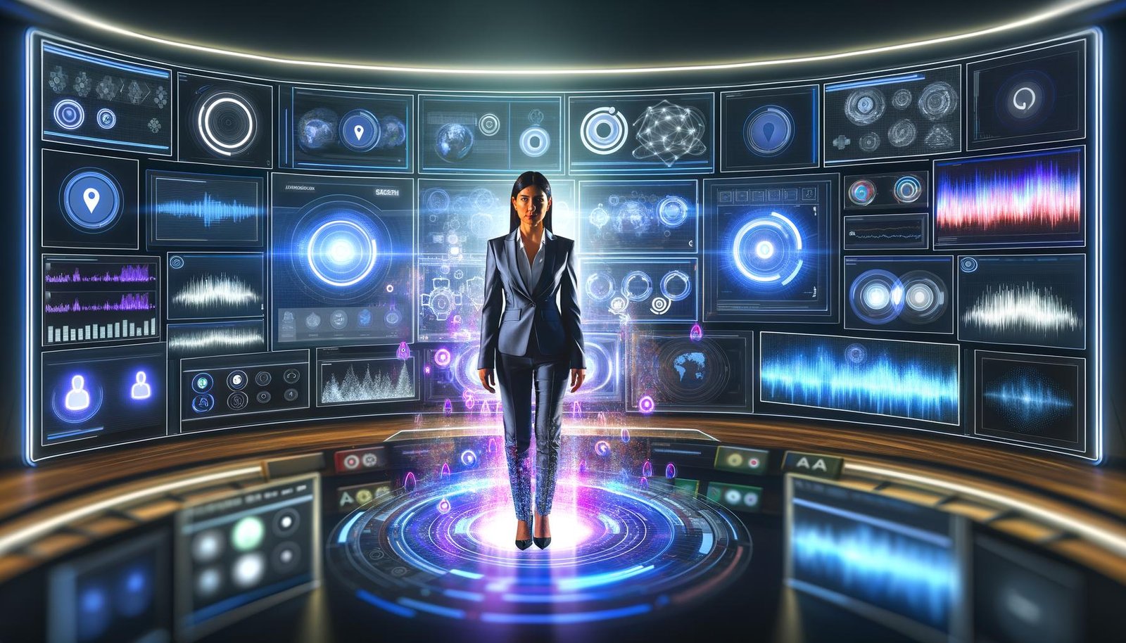 Futuristischer Kontrollraum mit Werbeexperten, digitalen Dashboards, KI-generierten Podcast-Daten und Google-Branding.