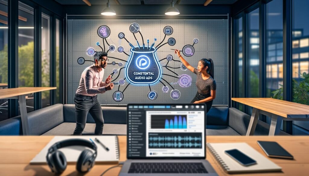 Zwei junge Marketeers diskutieren vor einem Bildschirm mit komplexen Google Podcasts Audio Ads Workflows, KI-Icons und Podcast-Grafiken in einem stylischen Büro.