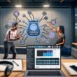 Zwei junge Marketeers diskutieren vor einem Bildschirm mit komplexen Google Podcasts Audio Ads Workflows, KI-Icons und Podcast-Grafiken in einem stylischen Büro.
