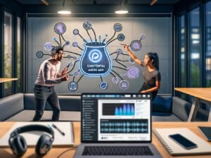 Zwei junge Marketeers diskutieren vor einem Bildschirm mit komplexen Google Podcasts Audio Ads Workflows, KI-Icons und Podcast-Grafiken in einem stylischen Büro.