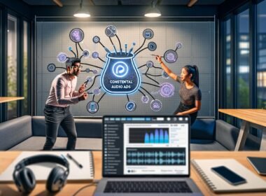 Zwei junge Marketeers diskutieren vor einem Bildschirm mit komplexen Google Podcasts Audio Ads Workflows, KI-Icons und Podcast-Grafiken in einem stylischen Büro.