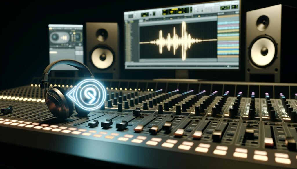 Modernes Tonstudio mit Audiomischpult, Monitoren mit Audio-Software, leuchtendem Soundlogo und Marken-Icons in stilvoller Szene