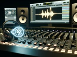 Modernes Tonstudio mit Audiomischpult, Monitoren mit Audio-Software, leuchtendem Soundlogo und Marken-Icons in stilvoller Szene