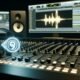 Modernes Tonstudio mit Audiomischpult, Monitoren mit Audio-Software, leuchtendem Soundlogo und Marken-Icons in stilvoller Szene