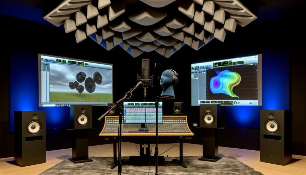 Modernes, immersives Audio-Studio mit Kunstkopf-Mikrofon, Ambisonic-Mikrofonen und mehreren Monitoren mit DAW-Software, umgeben von Absorbern und Diffusoren.