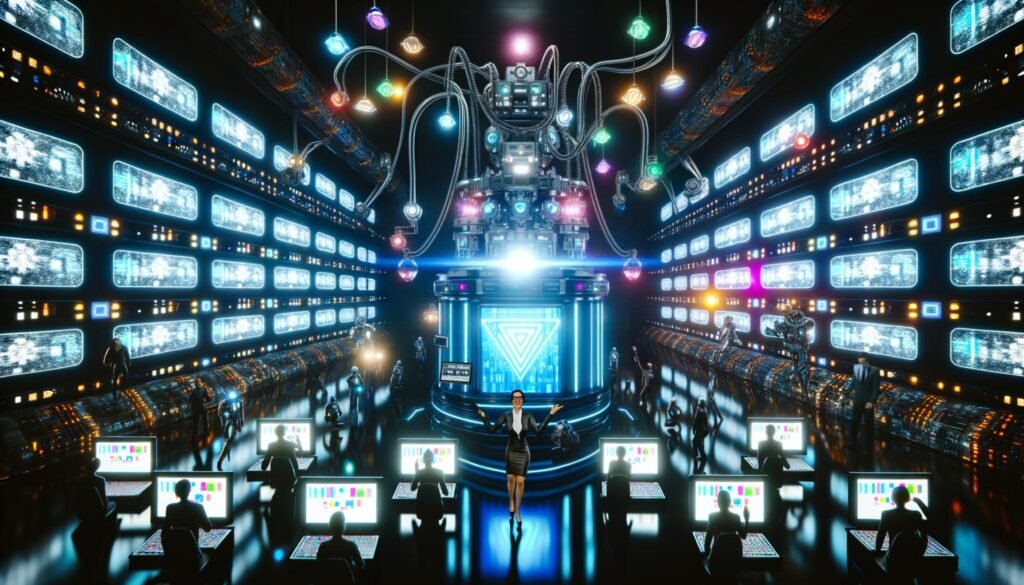 Futuristischer Maschinenraum mit blinkenden Monitoren, Roboterarmen, einer zentralen Video-Maschine, einer steuernden Geschäftsperson und verblassenden klassischen Filmemachern.