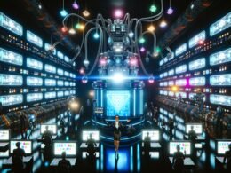 Futuristischer Maschinenraum mit blinkenden Monitoren, Roboterarmen, einer zentralen Video-Maschine, einer steuernden Geschäftsperson und verblassenden klassischen Filmemachern.