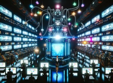 Futuristischer Maschinenraum mit blinkenden Monitoren, Roboterarmen, einer zentralen Video-Maschine, einer steuernden Geschäftsperson und verblassenden klassischen Filmemachern.
