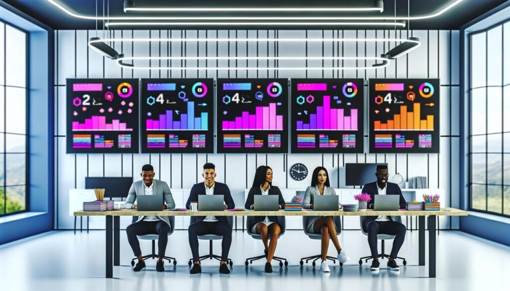 Moderner Büroraum mit mehreren Monitoren, die ein digitales Dashboard mit KPIs und Kanban-Boards zeigen. Drei Teammitglieder interagieren konzentriert mit Laptops und Tablets, während Videomaterial und Notizen auf dem Tisch die automatisierte Content-Produktion illustrieren.