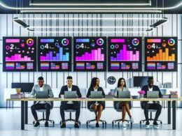 Moderner Büroraum mit mehreren Monitoren, die ein digitales Dashboard mit KPIs und Kanban-Boards zeigen. Drei Teammitglieder interagieren konzentriert mit Laptops und Tablets, während Videomaterial und Notizen auf dem Tisch die automatisierte Content-Produktion illustrieren.