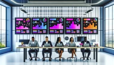 Moderner Büroraum mit mehreren Monitoren, die ein digitales Dashboard mit KPIs und Kanban-Boards zeigen. Drei Teammitglieder interagieren konzentriert mit Laptops und Tablets, während Videomaterial und Notizen auf dem Tisch die automatisierte Content-Produktion illustrieren.