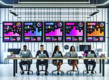 Moderner Büroraum mit mehreren Monitoren, die ein digitales Dashboard mit KPIs und Kanban-Boards zeigen. Drei Teammitglieder interagieren konzentriert mit Laptops und Tablets, während Videomaterial und Notizen auf dem Tisch die automatisierte Content-Produktion illustrieren.