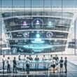Modernes Regierungsgebäude mit transparenten Glasfassaden, KI-Avataren und digitalen Touchscreen-Arbeitsplätzen, an denen Juristen und Entwickler zusammenarbeiten.