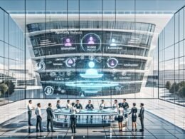 Modernes Regierungsgebäude mit transparenten Glasfassaden, KI-Avataren und digitalen Touchscreen-Arbeitsplätzen, an denen Juristen und Entwickler zusammenarbeiten.