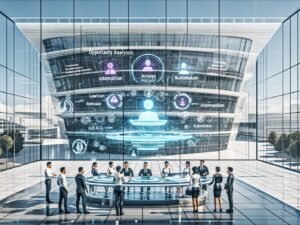 Modernes Regierungsgebäude mit transparenten Glasfassaden, KI-Avataren und digitalen Touchscreen-Arbeitsplätzen, an denen Juristen und Entwickler zusammenarbeiten.