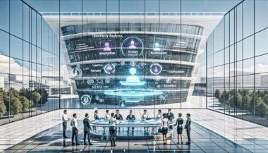 Modernes Regierungsgebäude mit transparenten Glasfassaden, KI-Avataren und digitalen Touchscreen-Arbeitsplätzen, an denen Juristen und Entwickler zusammenarbeiten.