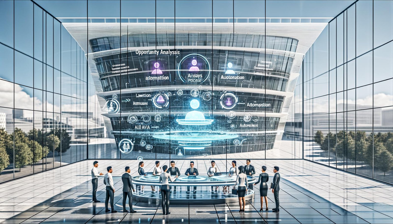 Modernes Regierungsgebäude mit transparenten Glasfassaden, KI-Avataren und digitalen Touchscreen-Arbeitsplätzen, an denen Juristen und Entwickler zusammenarbeiten.