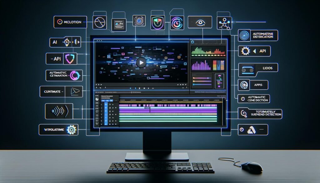 Futuristischer Monitor-Desktop mit KI-gestütztem Video Content Automation Editor, Timelines, Untertiteln, Metadaten und Social Media Templates im Dark Mode