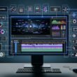 Futuristischer Monitor-Desktop mit KI-gestütztem Video Content Automation Editor, Timelines, Untertiteln, Metadaten und Social Media Templates im Dark Mode
