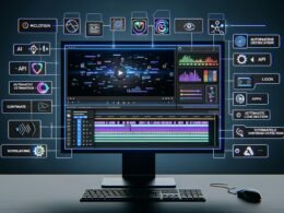 Futuristischer Monitor-Desktop mit KI-gestütztem Video Content Automation Editor, Timelines, Untertiteln, Metadaten und Social Media Templates im Dark Mode