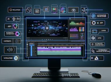 Futuristischer Monitor-Desktop mit KI-gestütztem Video Content Automation Editor, Timelines, Untertiteln, Metadaten und Social Media Templates im Dark Mode