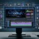 Futuristischer Monitor-Desktop mit KI-gestütztem Video Content Automation Editor, Timelines, Untertiteln, Metadaten und Social Media Templates im Dark Mode