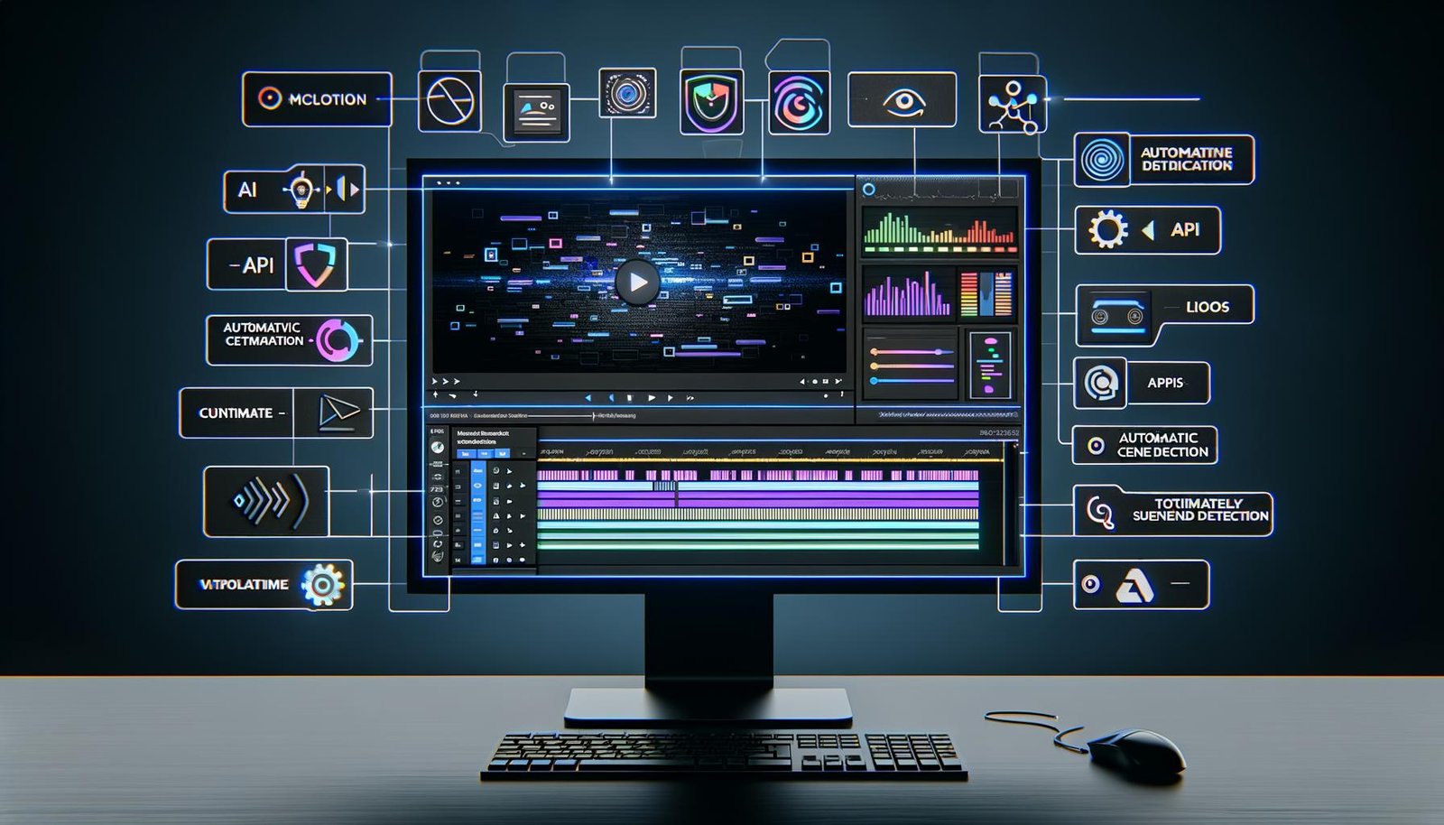 Futuristischer Monitor-Desktop mit KI-gestütztem Video Content Automation Editor, Timelines, Untertiteln, Metadaten und Social Media Templates im Dark Mode