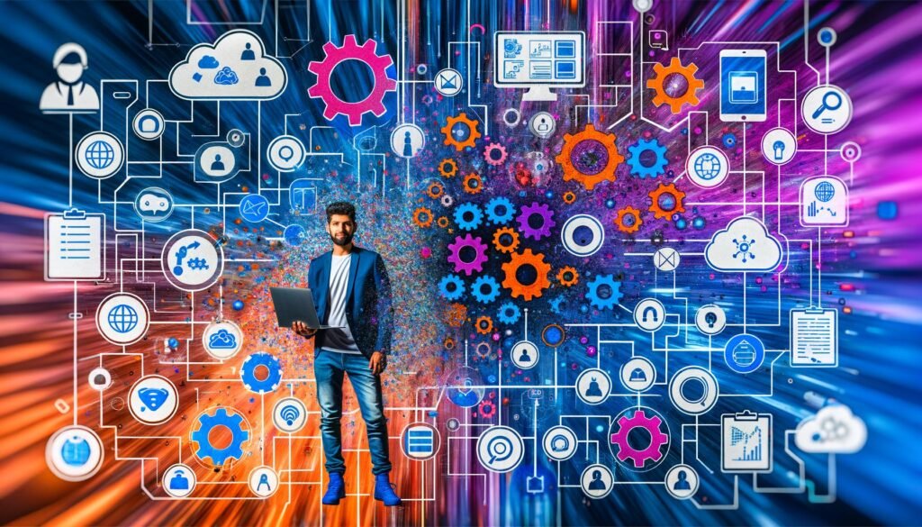 Moderne Collage eines Datenanalysten mit Laptop, umgeben von automatisiertem Datenfluss, Datenquellen-Icons, Machine Learning Symbolen und klaren Dashboard-Visualisierungen vor digitalem, futuristischem Hintergrund.