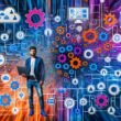 Moderne Collage eines Datenanalysten mit Laptop, umgeben von automatisiertem Datenfluss, Datenquellen-Icons, Machine Learning Symbolen und klaren Dashboard-Visualisierungen vor digitalem, futuristischem Hintergrund.